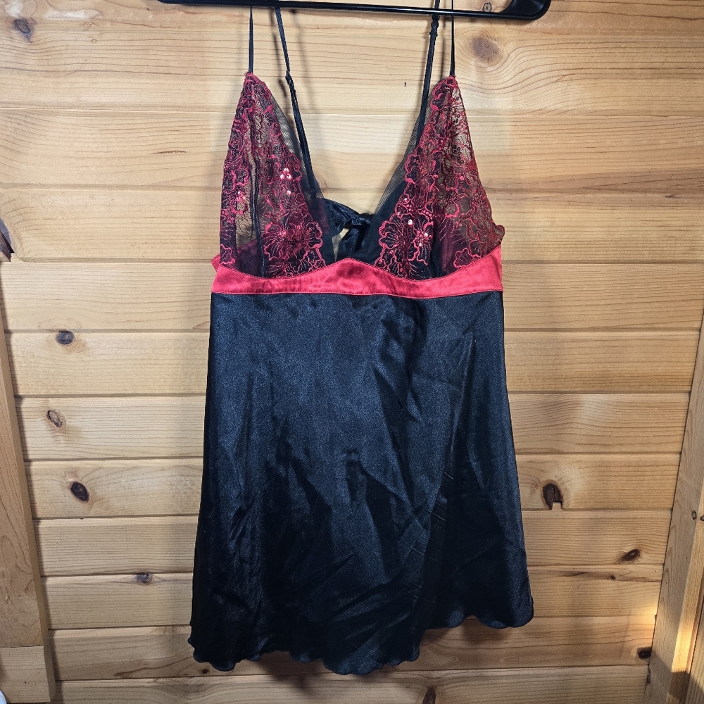 Intimate Attitudes Vintage Lace Satin Babydoll Slip Dress Black Red 2XL Siren